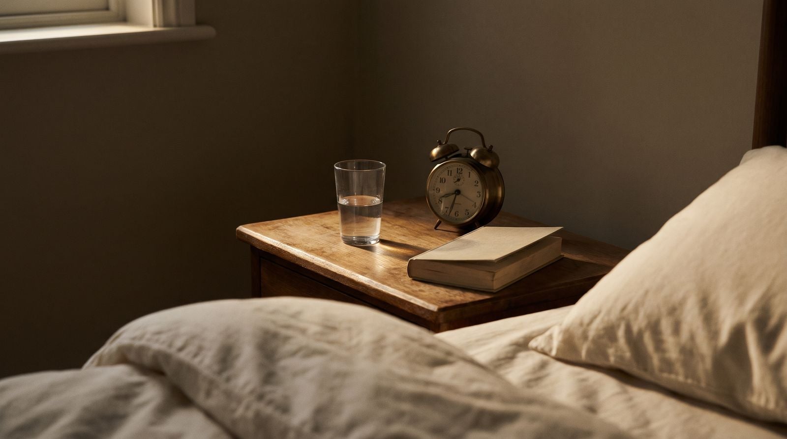 A bedside table in the small hours, lit by a gap in the curtains.