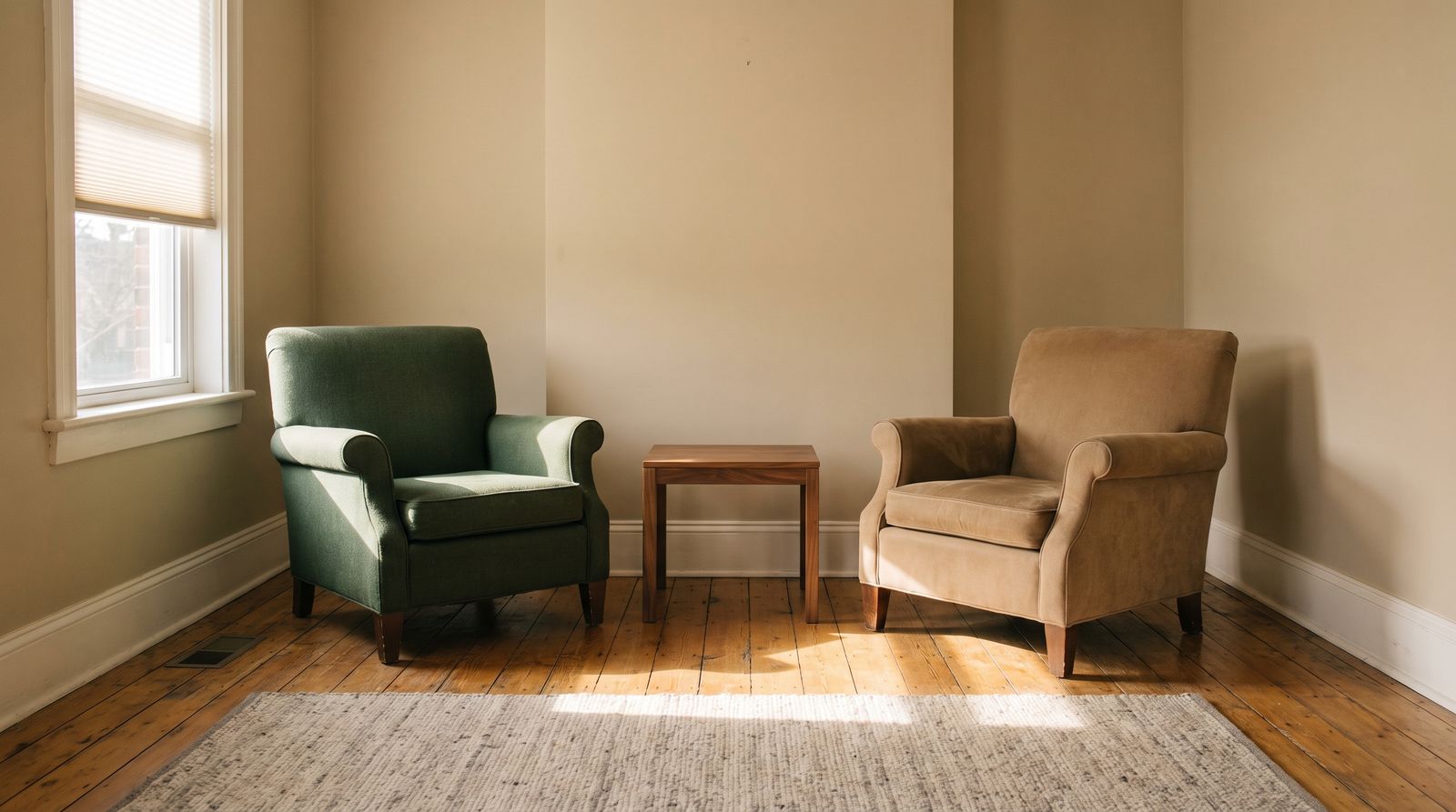Two armchairs turned slightly toward each other, a table between them.