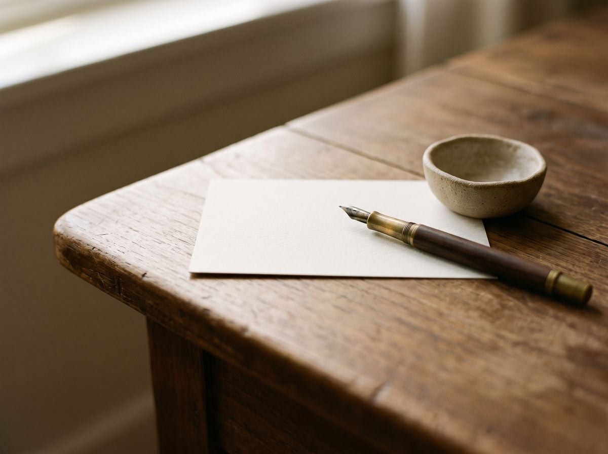 A blank card and a pen on the corner of a wooden desk.