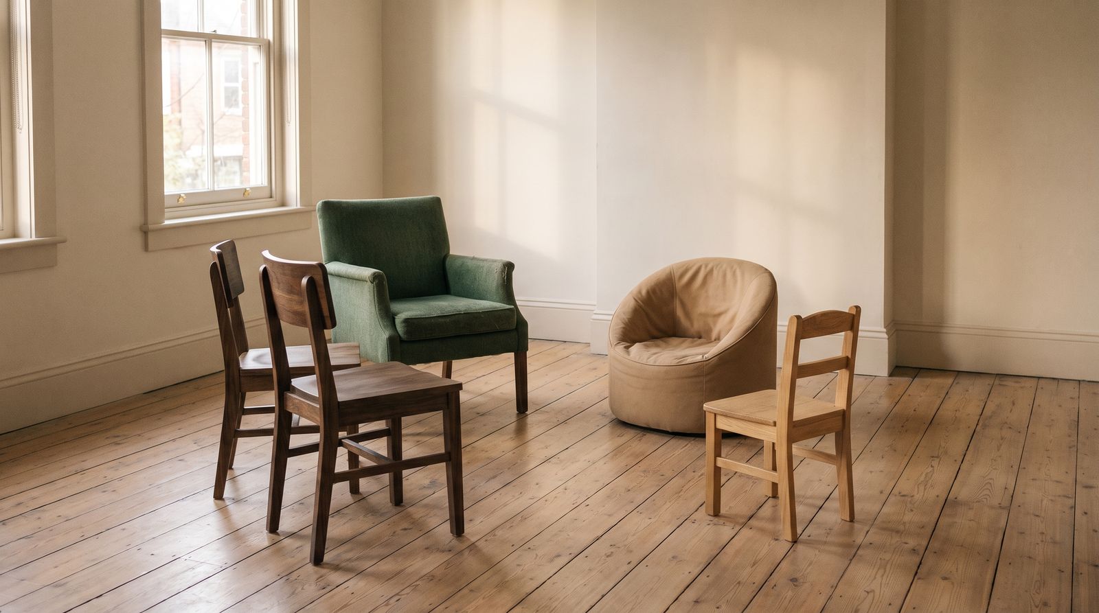 Four mismatched chairs in an open circle on a wooden floor.