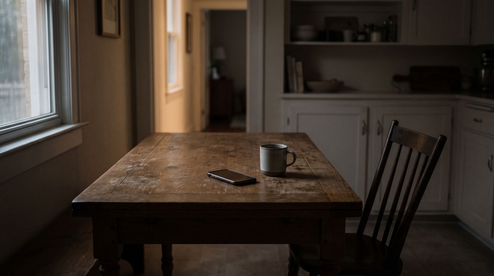 A kitchen table late at night, a phone face down and a chair pushed back.