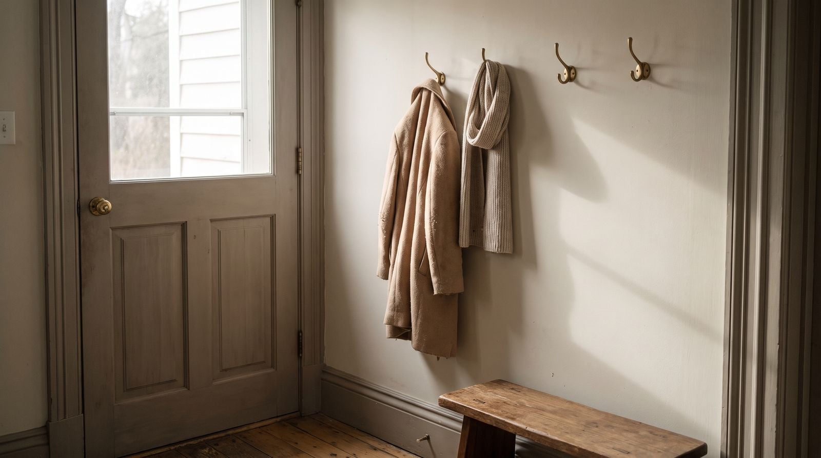 A coat and scarf on a hook by a back door, two hooks beside them empty.