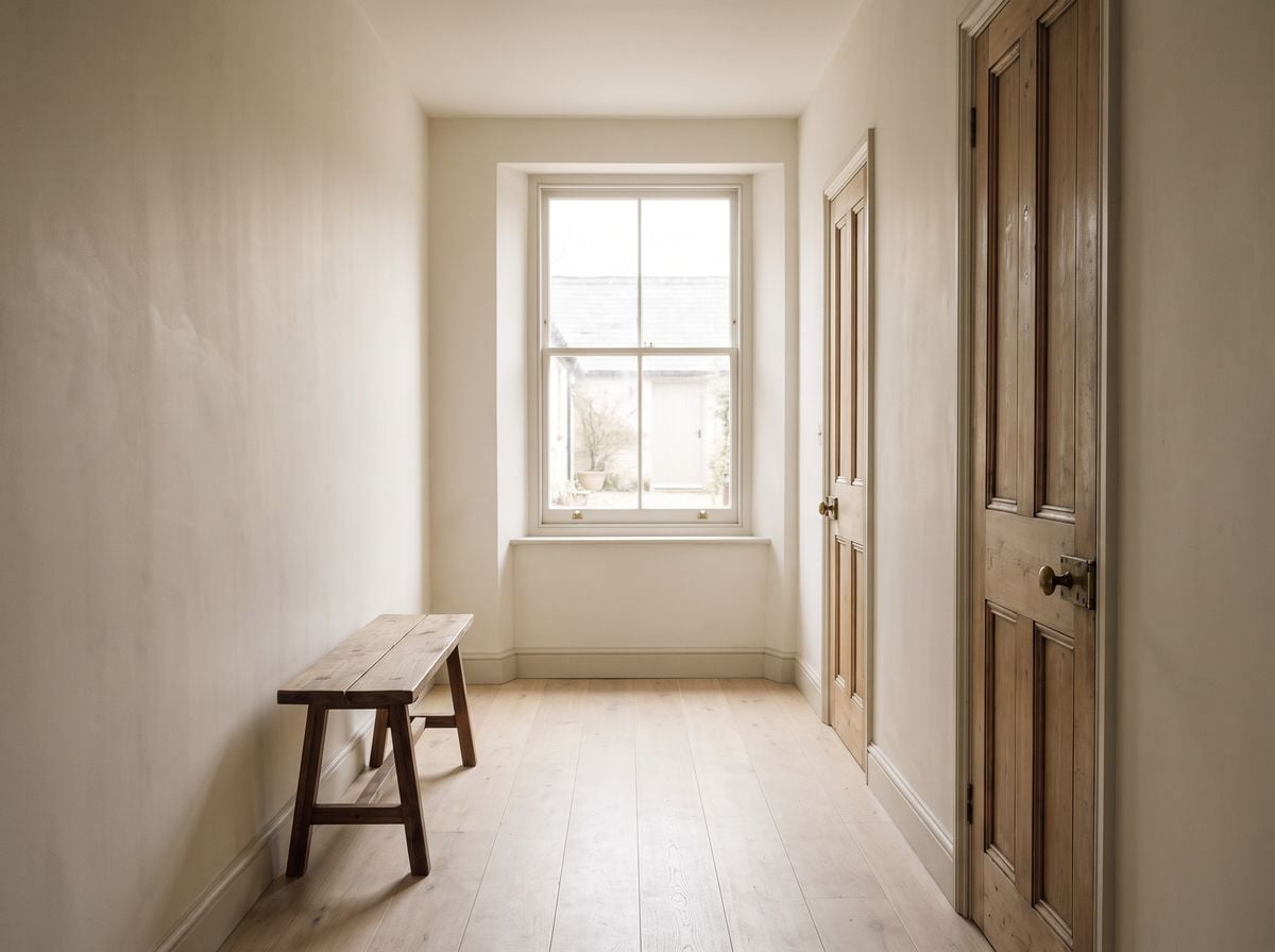 A short hallway with two closed doors and a window at the end.