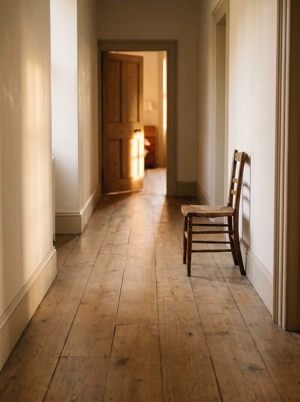 A corridor in the practice, a door part open at the end.