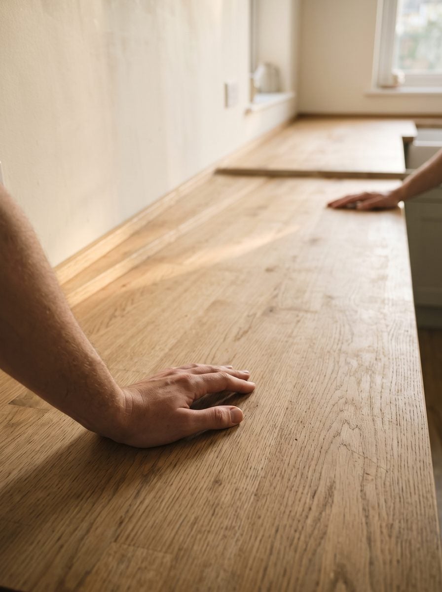 Two hands resting at opposite ends of a kitchen counter, neither reaching.