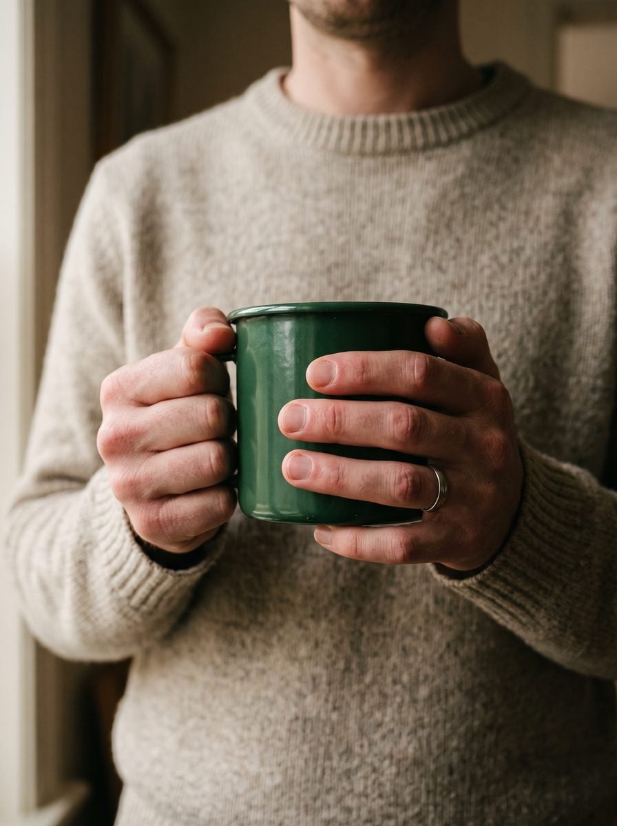 A person's hands wrapped tightly around an enamel mug.