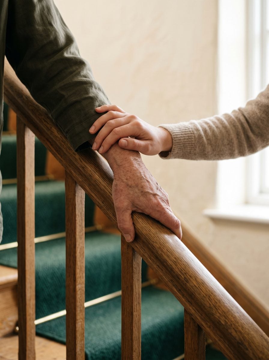 Two hands at a stair rail, one gripping it and one resting on the forearm above.