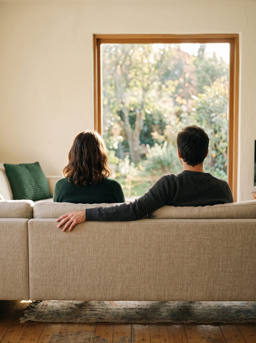 Two people sitting apart on the same sofa, seen from behind, both facing forward.