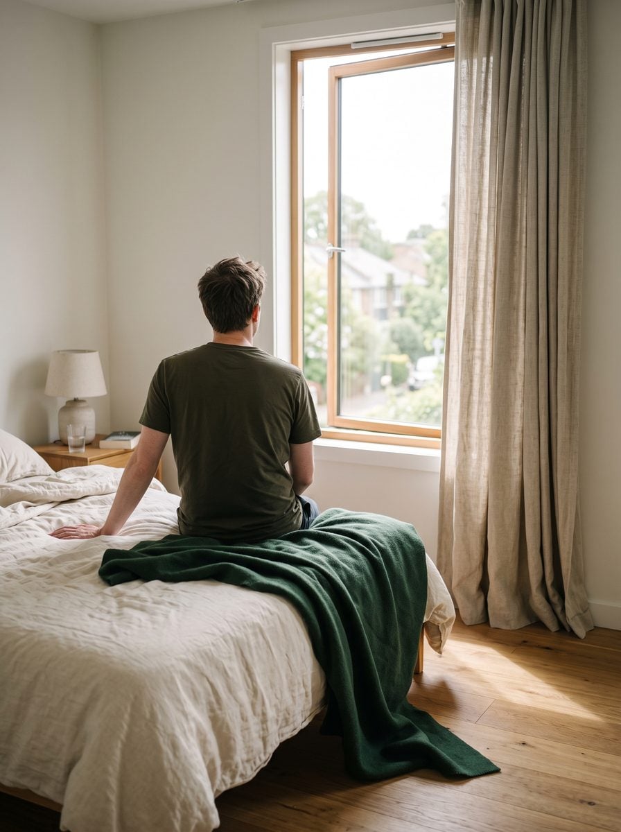 A person sitting on the edge of a bed, seen from behind, facing a window whose curtain has just been opened.