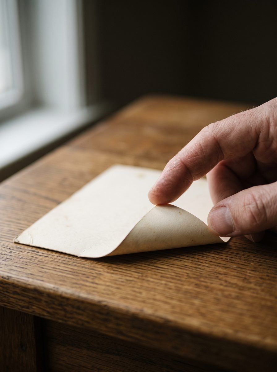 A fingertip lifting the corner of a photograph lying face down on a table.