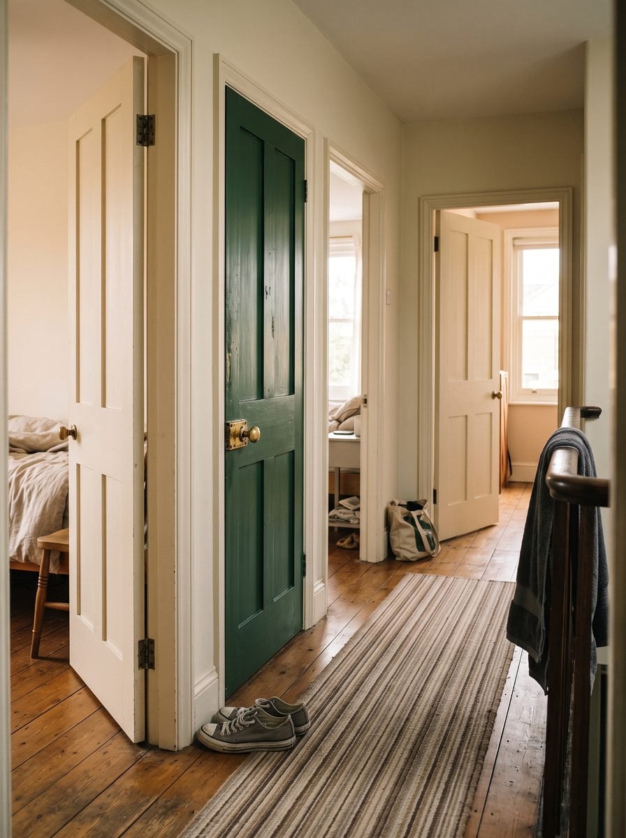 An upstairs landing with four bedroom doors, three of them open and one closed.