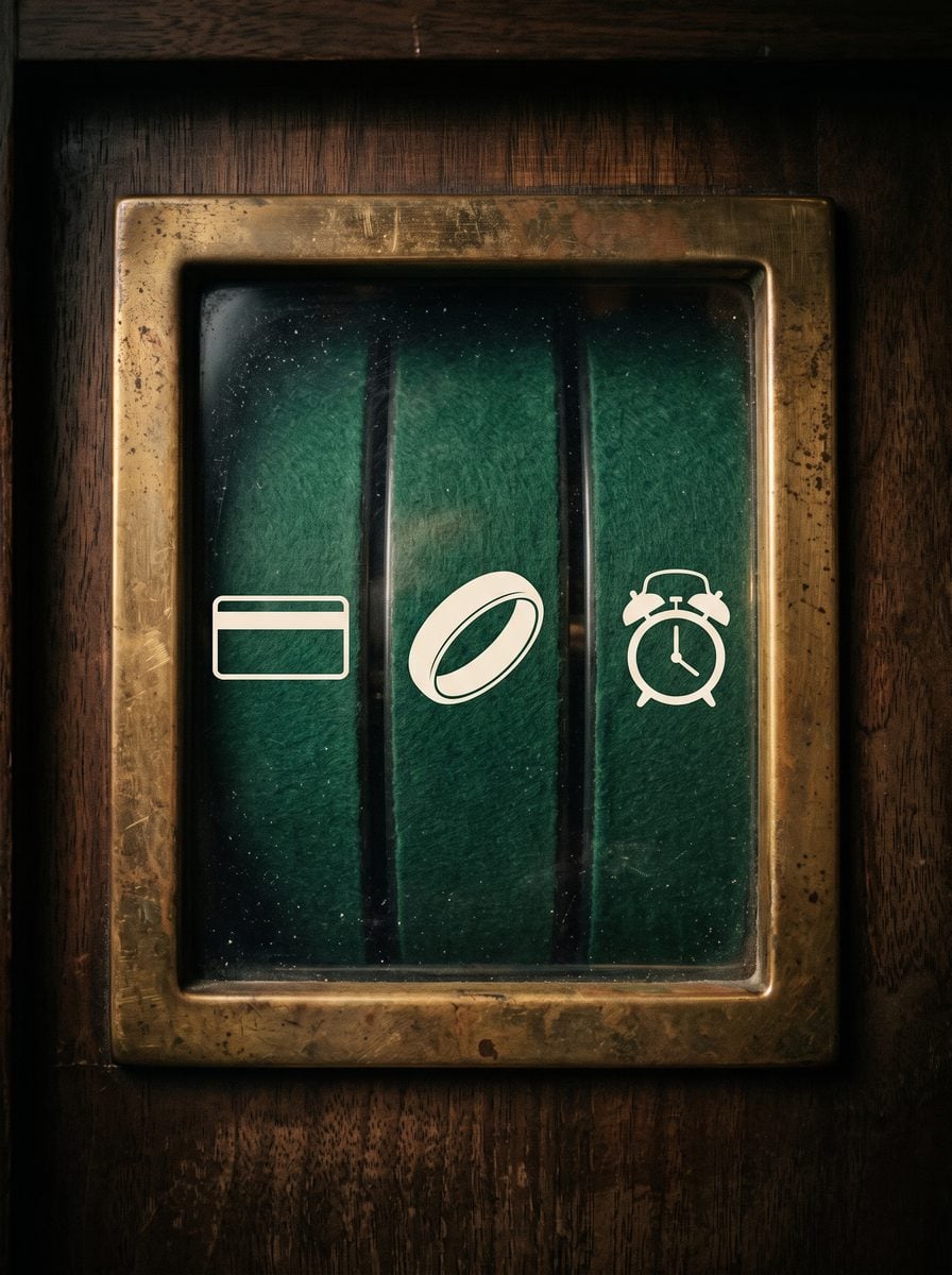 The reel window of an old slot machine, the three reels showing a credit card, a wedding ring and an alarm clock.