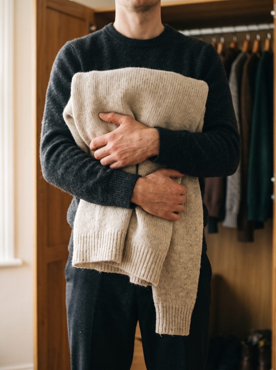 A person holding a folded wool jumper against their chest beside an open wardrobe.