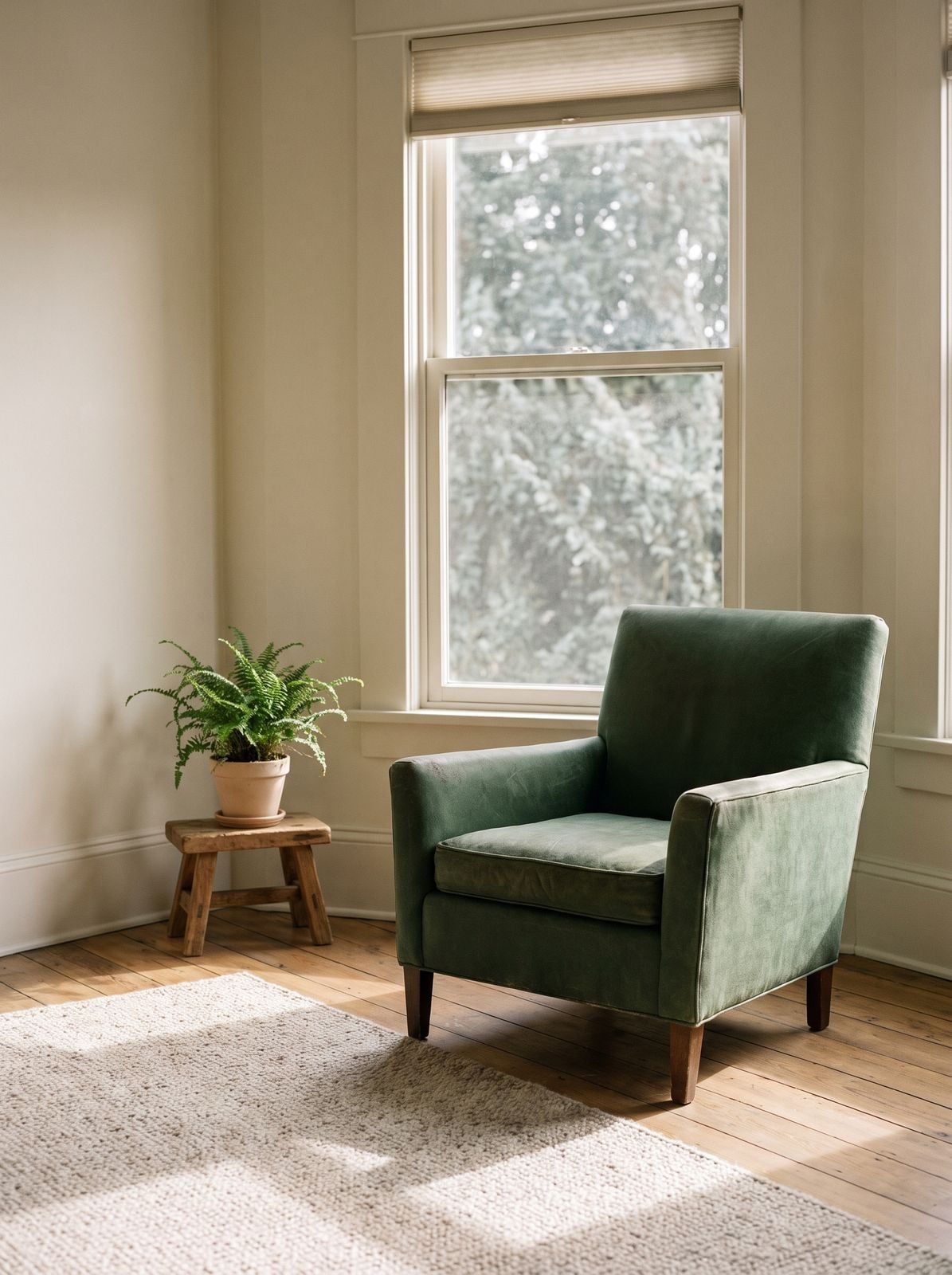 A green armchair in the consulting room, turned toward a window.