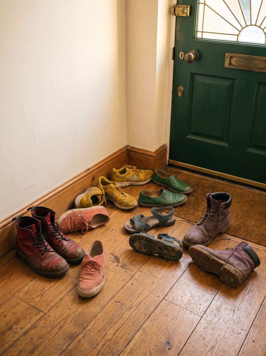 Six pairs of worn shoes left along the wall inside a front door.