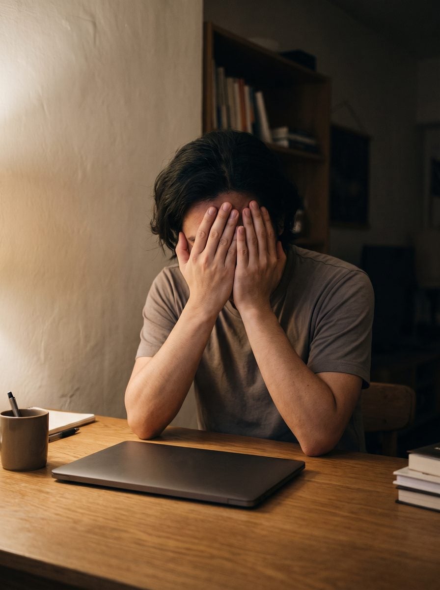 A person sitting at a desk with both hands over their face, a closed laptop in front of them.
