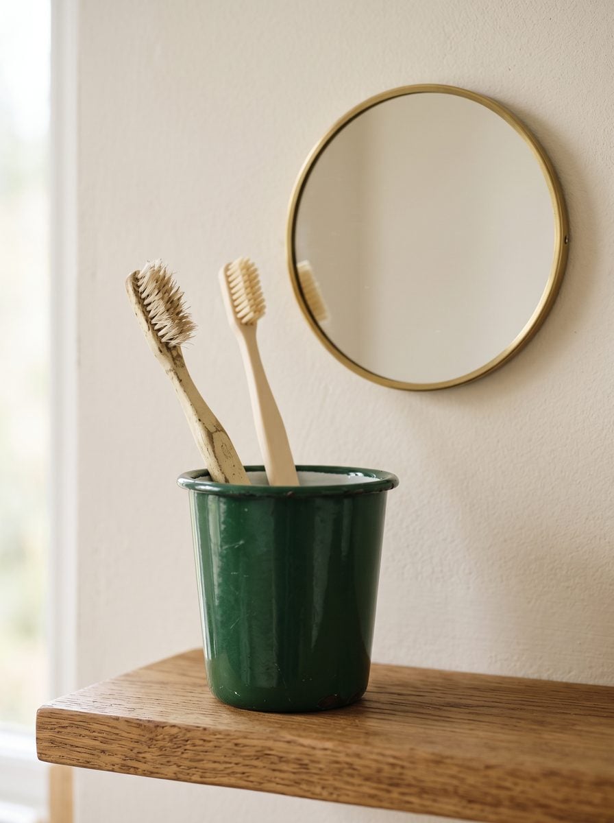 Two toothbrushes in one enamel cup, one of them new.