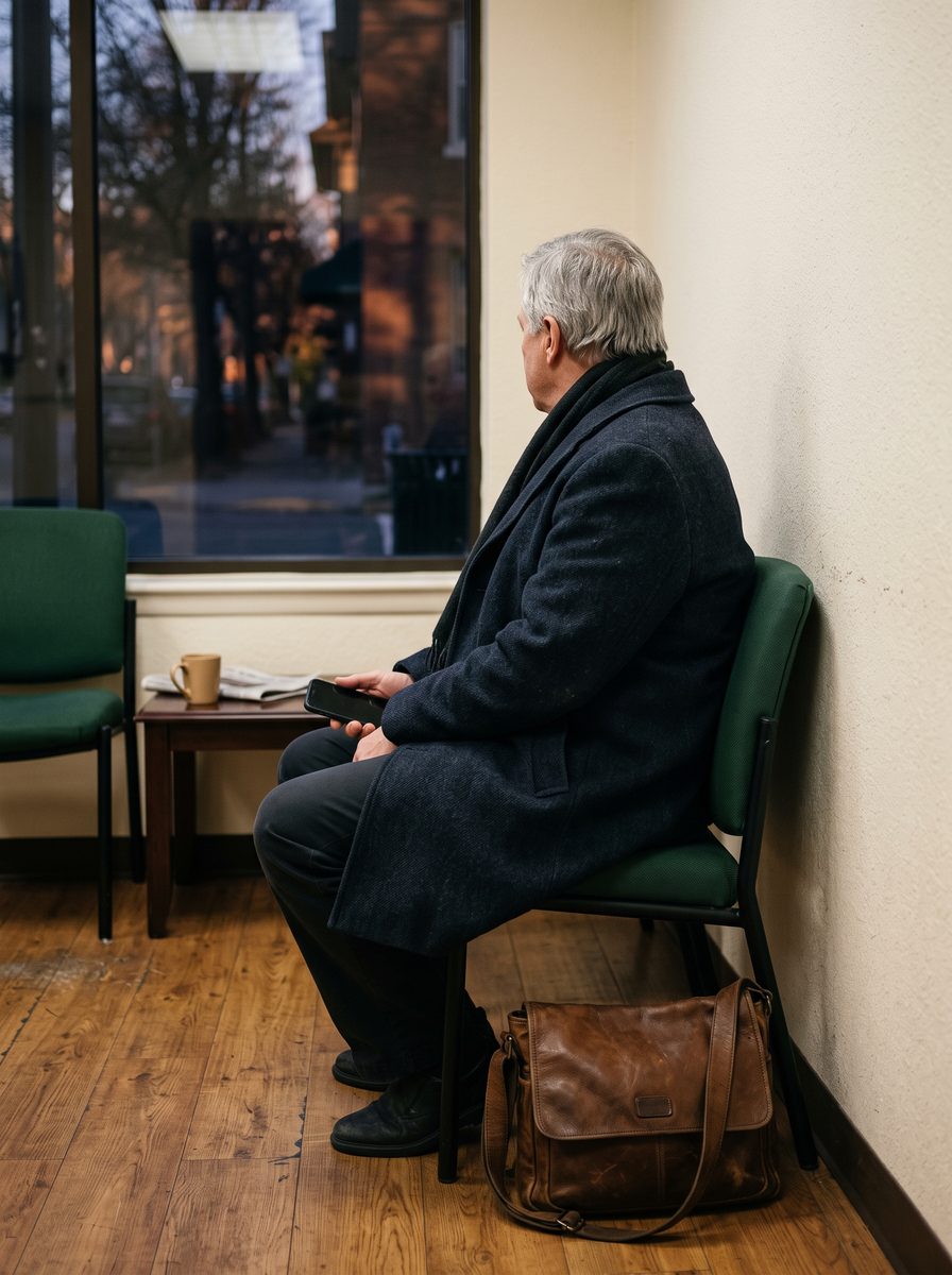 A person waiting in a chair with their coat still on, turned toward a window.