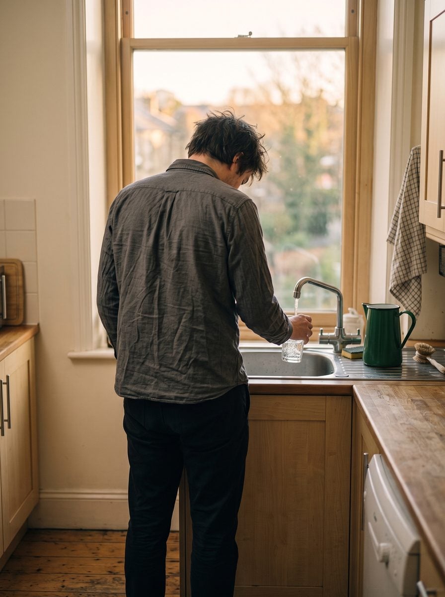 A person filling a glass of water at a kitchen tap in the early morning, seen from behind.