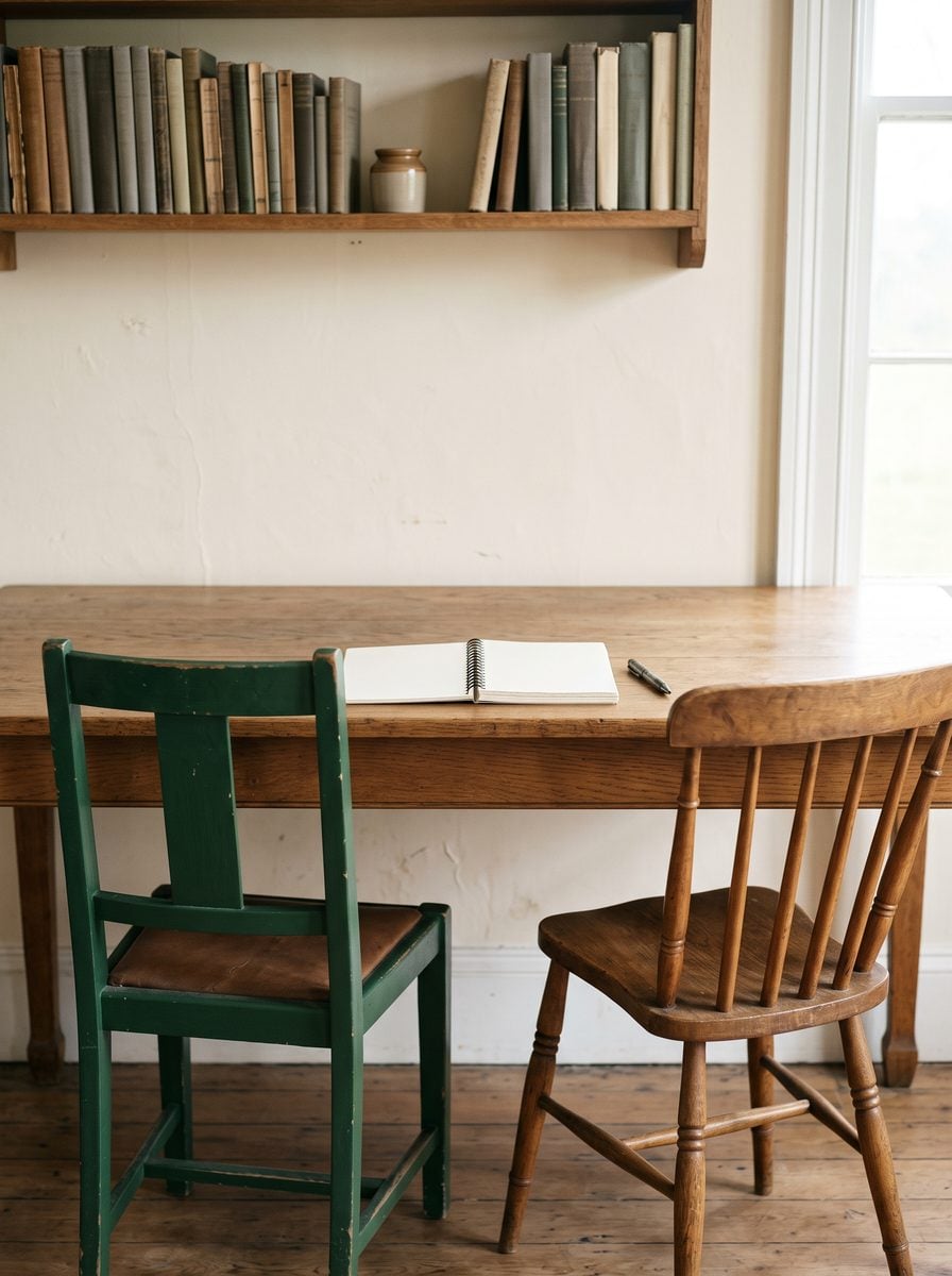 Two chairs pulled up to the same side of a desk, facing one open notebook.