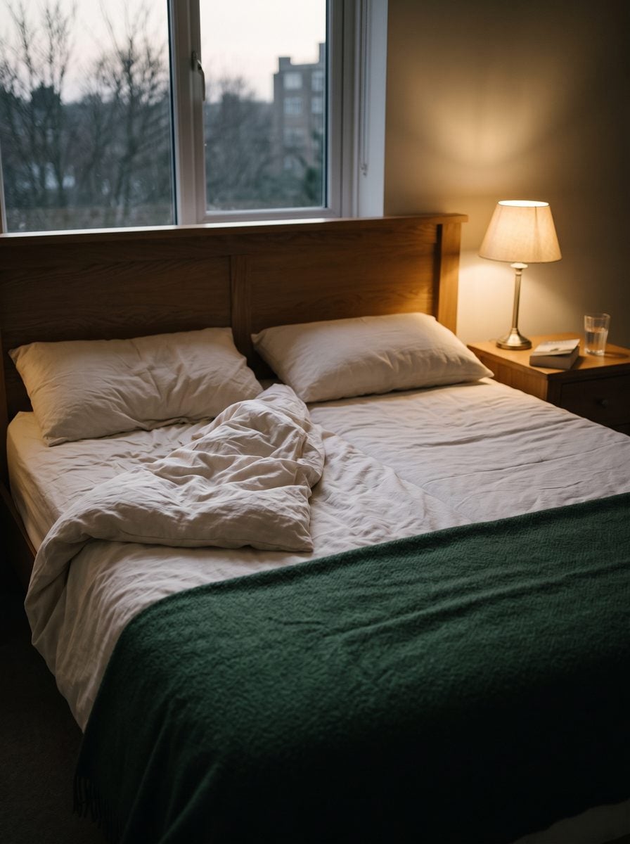 A bed at first light, the covers thrown back on one side and the bedside lamp still on.