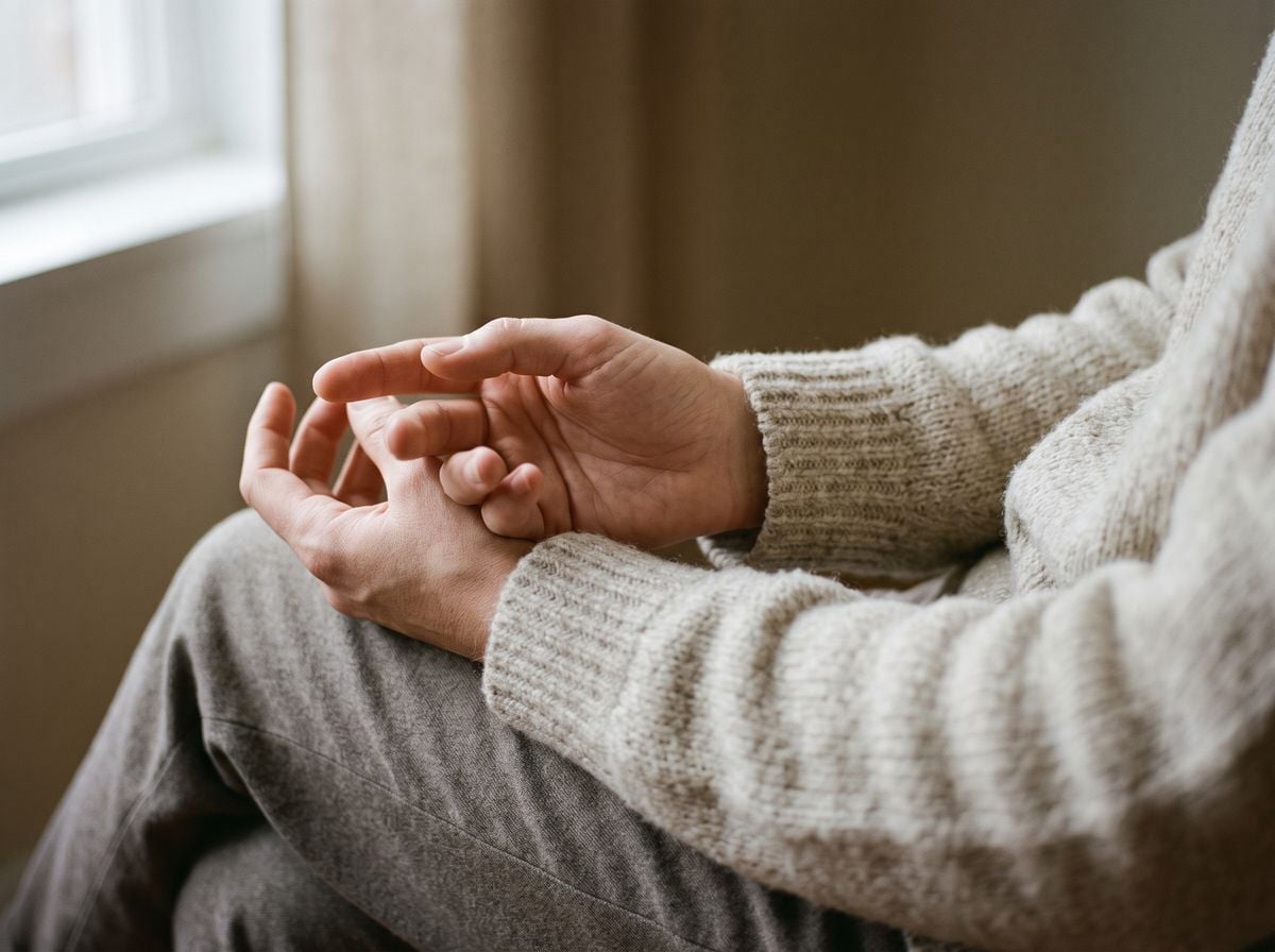 A person's hands resting in their lap.