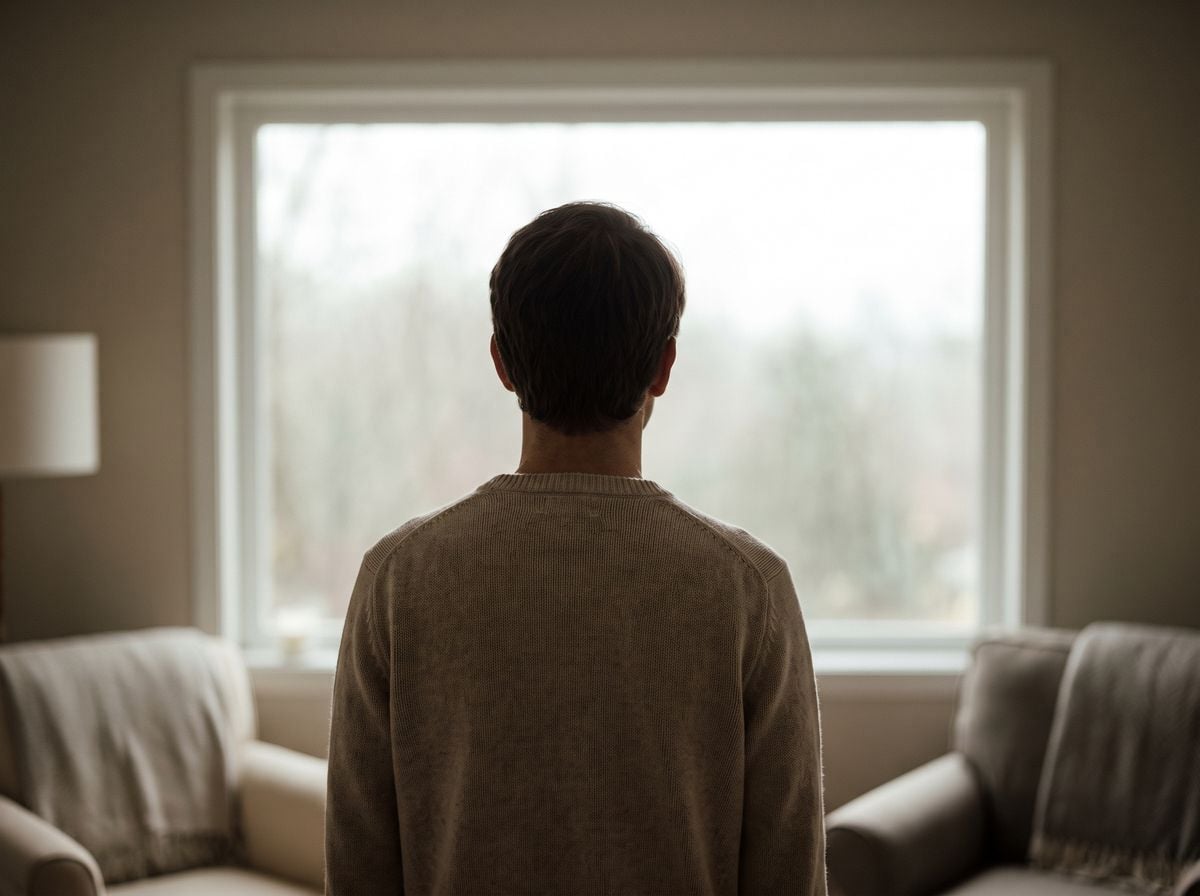 A person standing at a window, seen from behind.