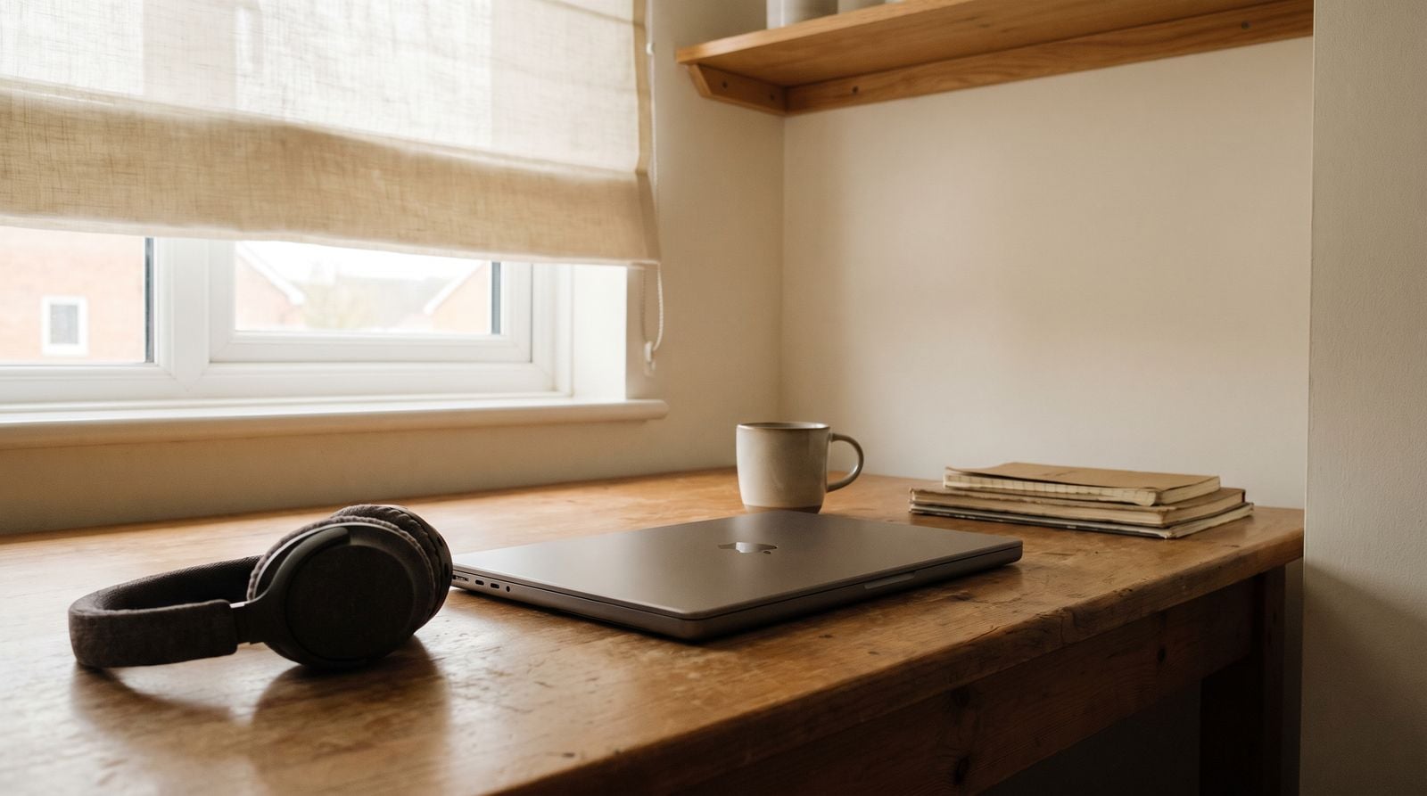 A closed laptop on a desk in a spare room at first light.