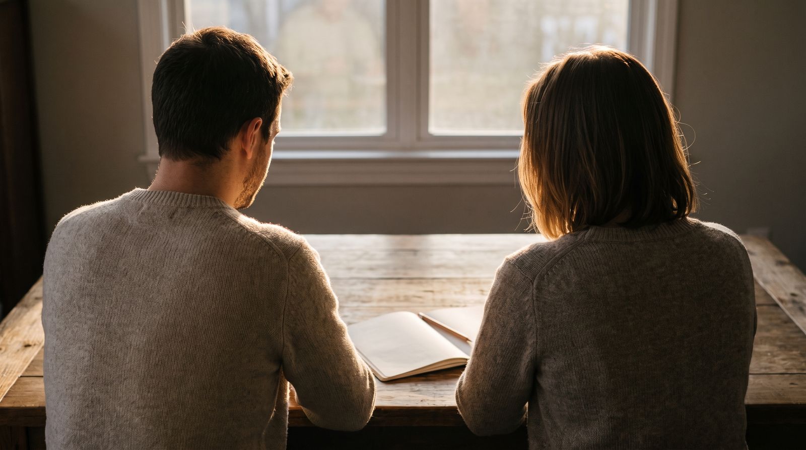 Two people at a table seen from behind, an open notebook between them.