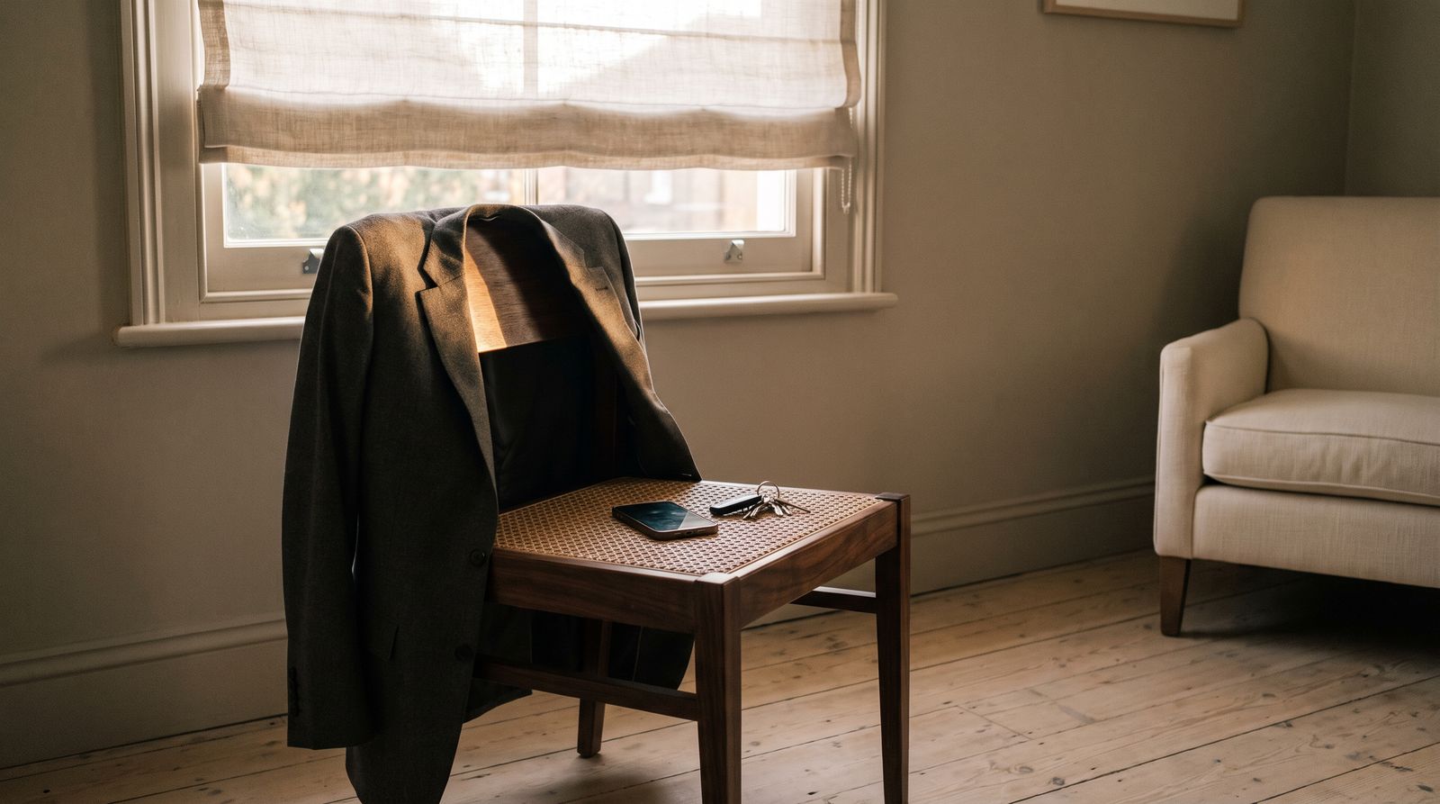 A suit jacket over the back of a chair, a phone face down on the seat.