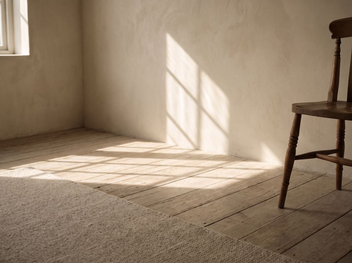 Afternoon light across the consulting room floor and wall.