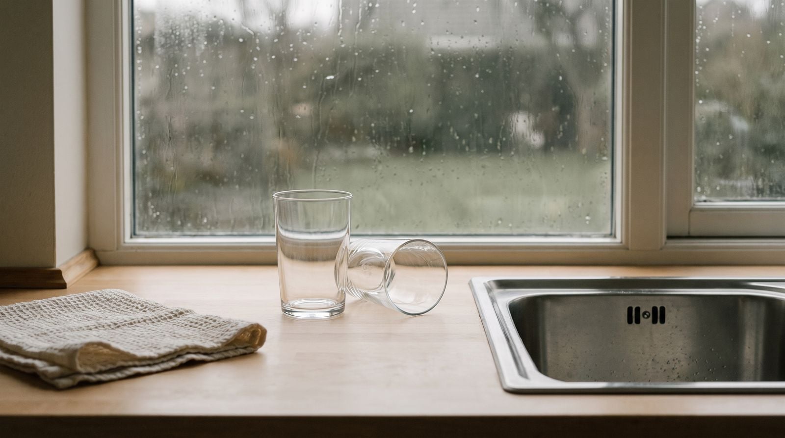 A kitchen counter at first light, two glasses beside a sink.