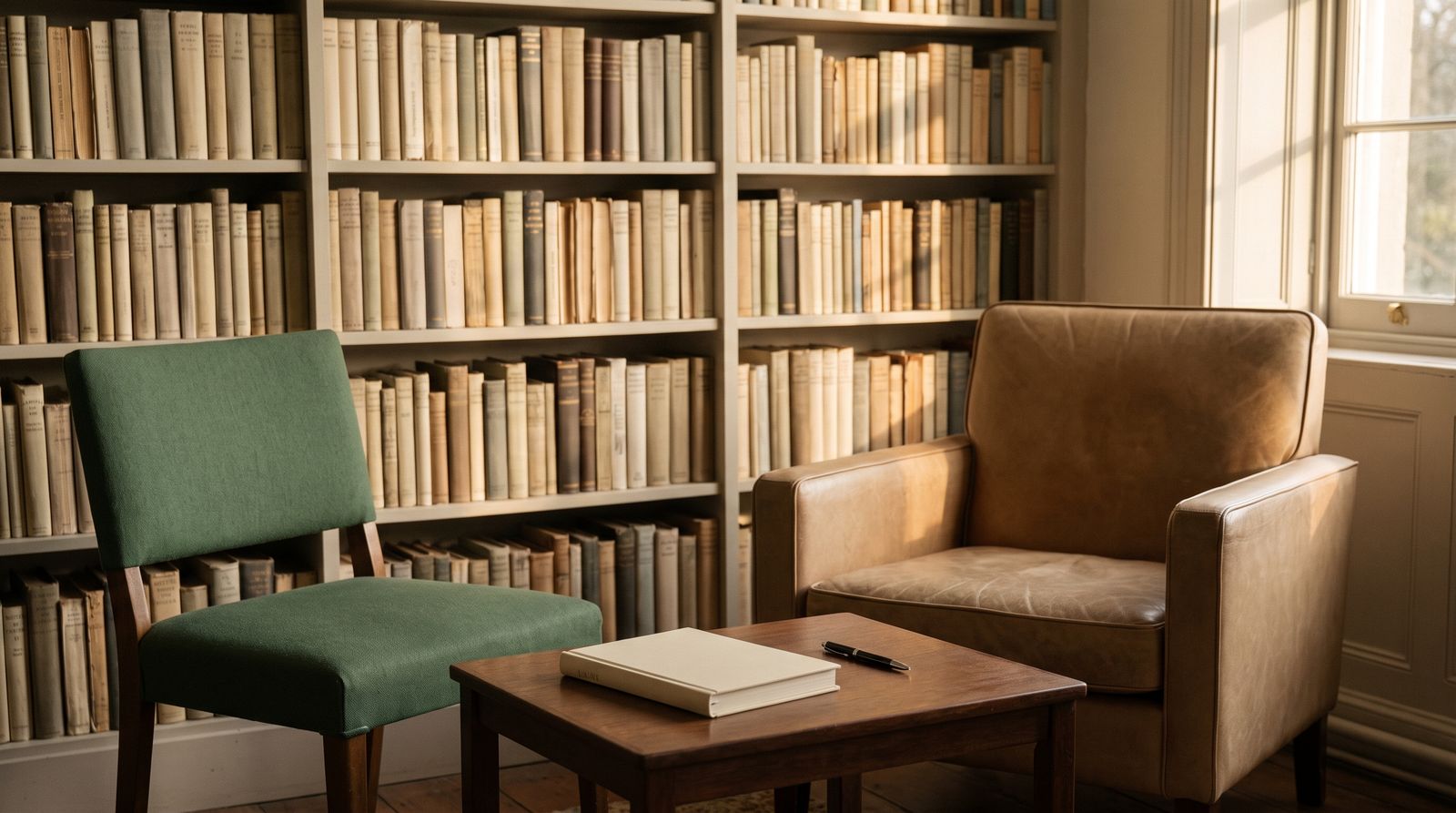 Two chairs facing each other across a table in a book-lined room.