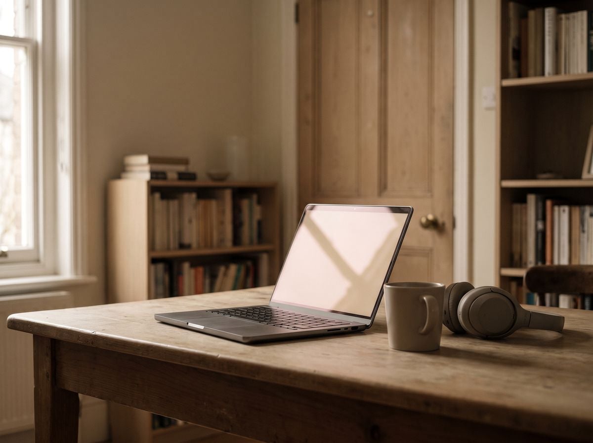 A laptop open on a table in a private room, the door closed behind it.