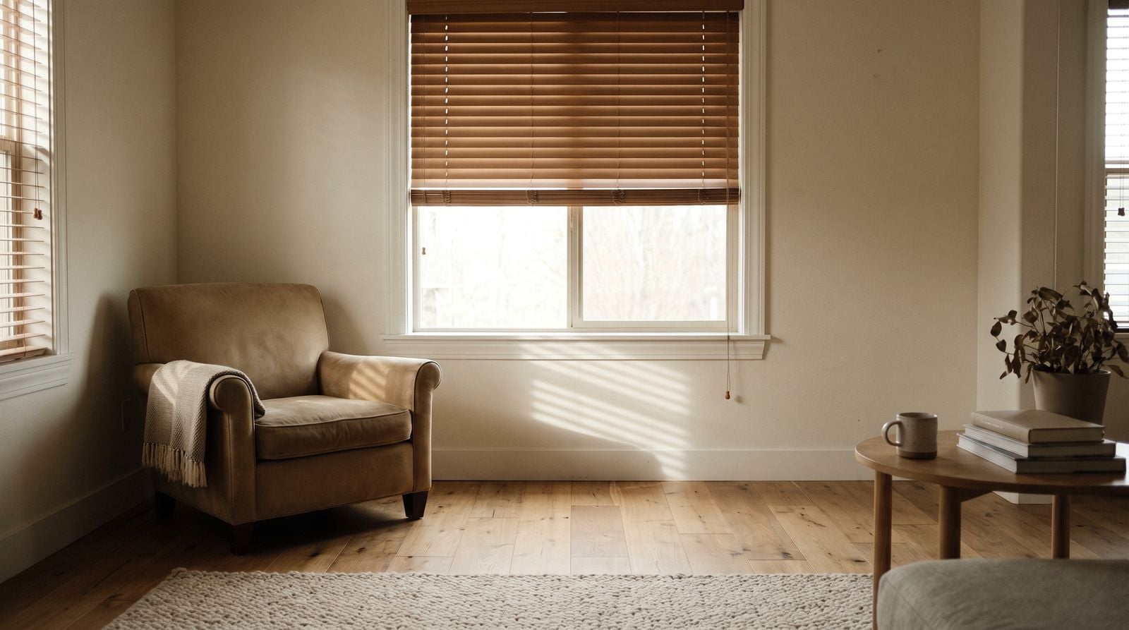 A window with the blind part drawn, light falling in bars across a floor.